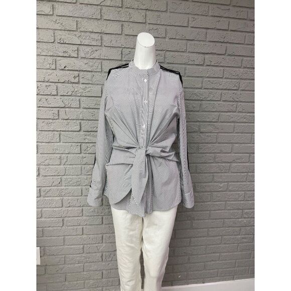 Worthington Women Black White Striped Long Sleeve Front Tie Shirt Size M - Picture 1 of 9